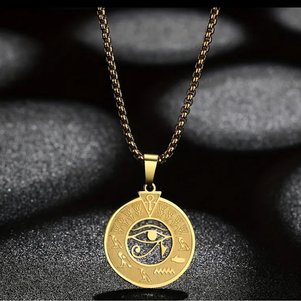 18K GOLD EGYPTIAN EVIL EYE PENDANT NECKLACE